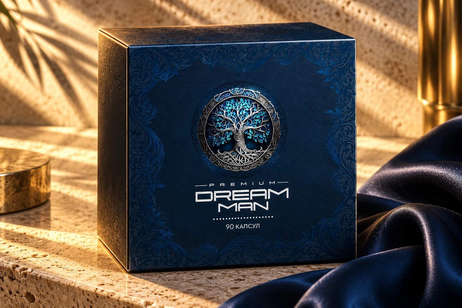 Dream Man Premium qutisi β yorug' tosh fonida mahsulot tafsilotlari